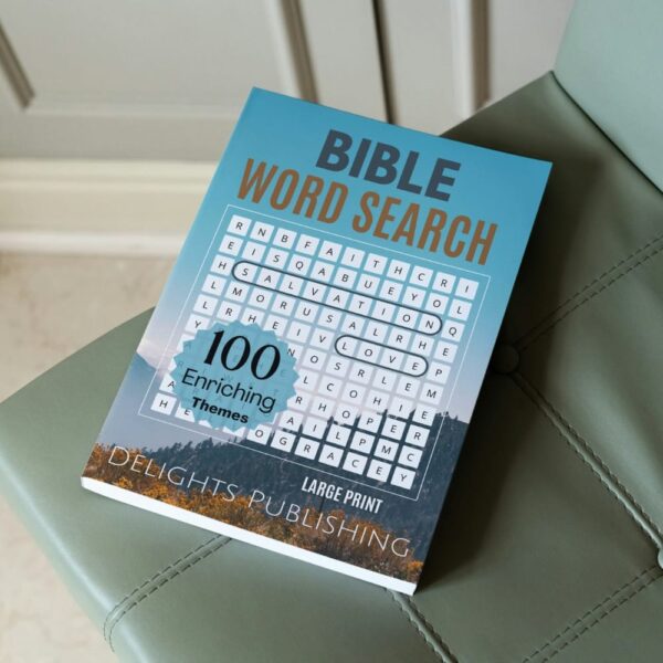 Bible word search book on the seat of a modern green chair