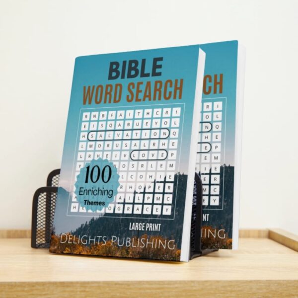 2 bible word search books on a black book stand