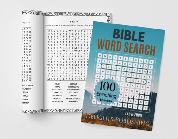 rolled book with a bible word search book position on top
