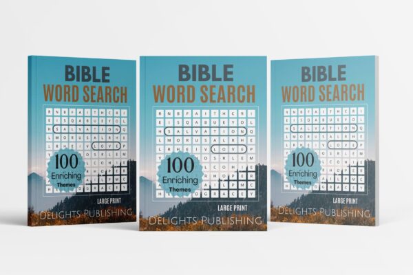 Front & side view of three 8.5x11 Paperback bible word search books standing upright