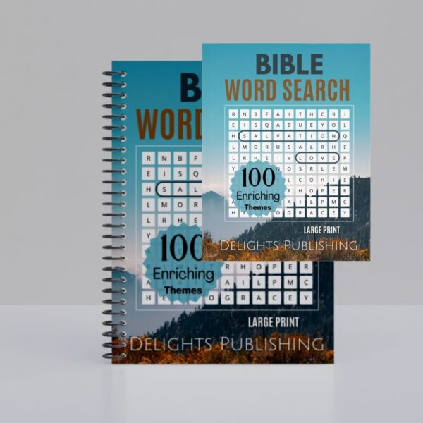 Front view of an upright 8.5x11 paperback bible word search book and a 8.5x11 spiral-bound bible word search book