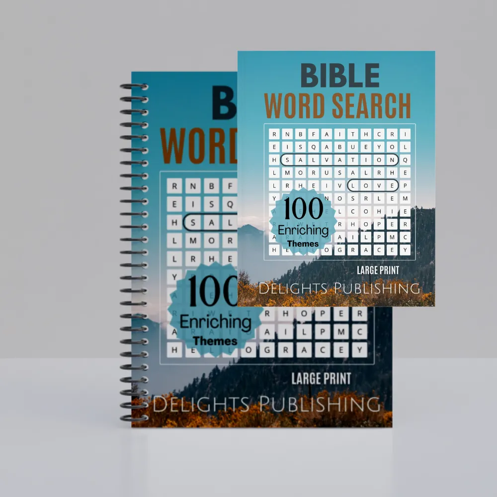 Enriching Puzzle Book Set in 2 Formats to Suit Every Preference 1 Front view of an upright 8.5x11 paperback bible word search book and a 8.5x11 spiral-bound bible word search book