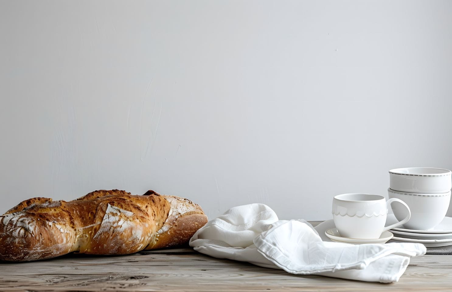 Home 2 bread on table next to tea cups