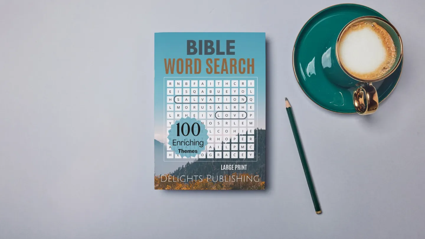 Home 1 bible word search book next to green pencil and coffee cup