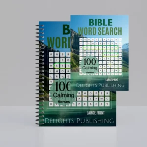 Front view of an upright 8.5x11 paperback bible word search book and a 8.5x11 spiral-bound bible word search book