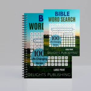 Front view of an upright 8.5x11 paperback bible word search book and a 8.5x11 spiral-bound bible word search book