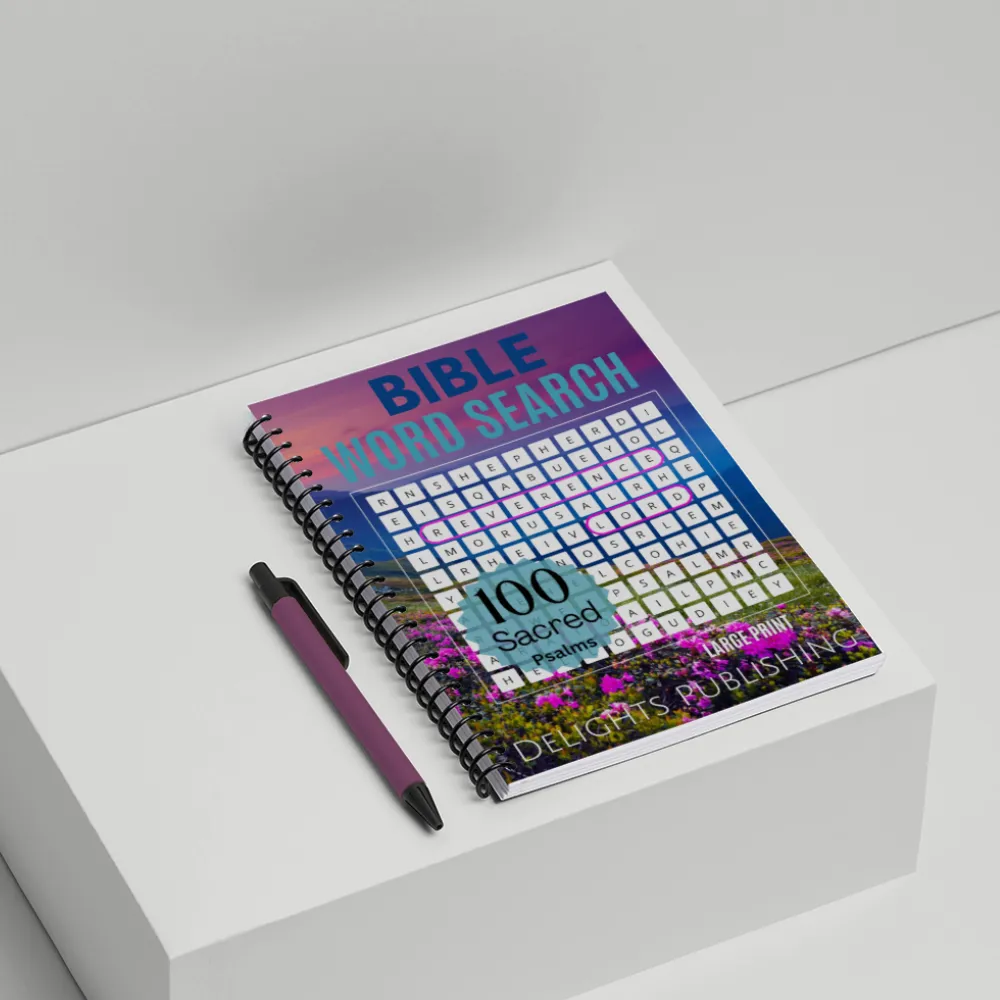 100 Psalm Verses Bible Word Search Books (Spiral: Set of 2) 2 book on top of geometric shape next to a pen