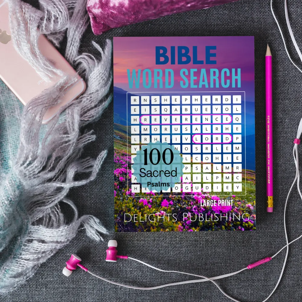 100 Sacred Psalms Bible Word Search Puzzles You'll Love (Set of 2) 6 Top view of a Bible word search book next to a pencil, and an apple phone