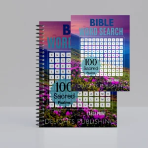 Front view of an upright 8.5x11 paperback bible word search book and a 8.5x11 spiral-bound bible word search book