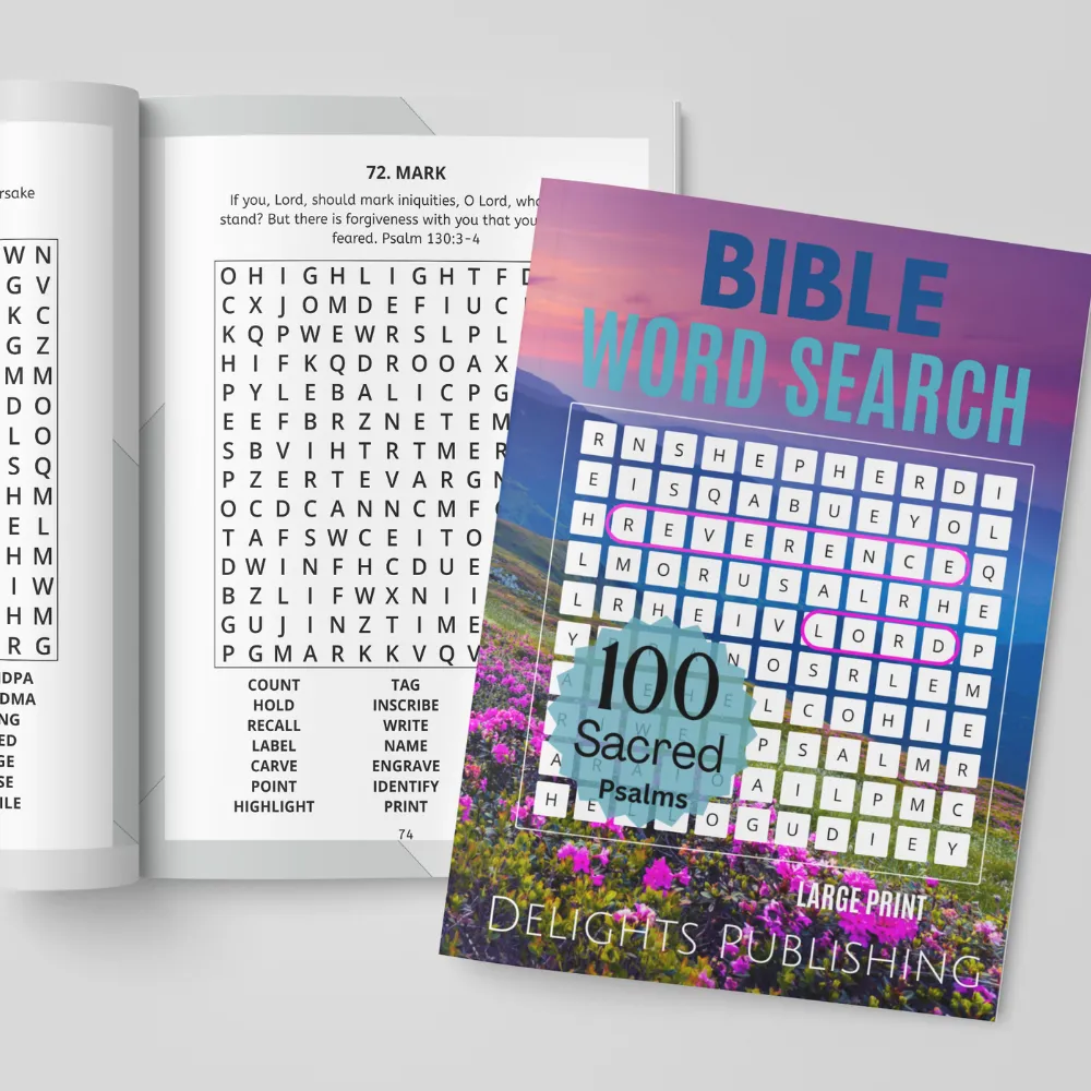 100 Sacred Psalms Bible Word Search Puzzles You'll Love (Set of 2) 4 olled book with a bible word search book position on top