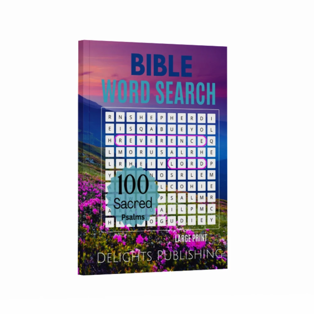 100 Sacred Psalms Bible Word Search Puzzles You'll Love (Set of 2) 2 3D side view of a bible word search book standing upright
