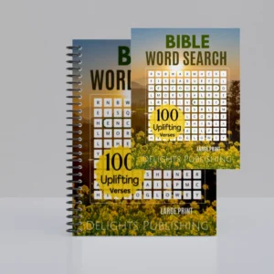 Front view of an upright 8.5x11 paperback bible word search book and a 8.5x11 spiral-bound bible word search book