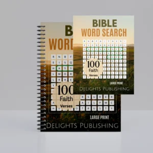 Front view of an upright 8.5x11 paperback bible word search book and a 8.5x11 spiral-bound bible word search book