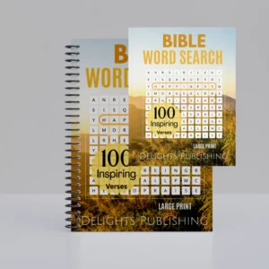 Front view of an upright 8.5x11 paperback bible word search book and a 8.5x11 spiral-bound bible word search book